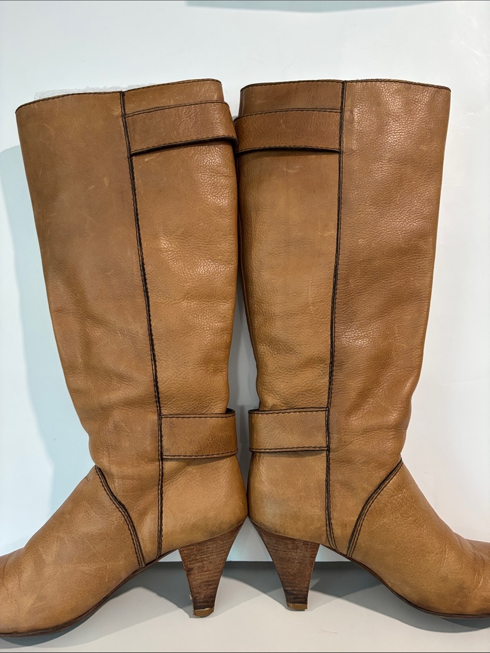 Miss Sixty Tan Leather Knee Boots Y2K Buckle Detail Stacked Heel EU 38 - Picture 5 of 15